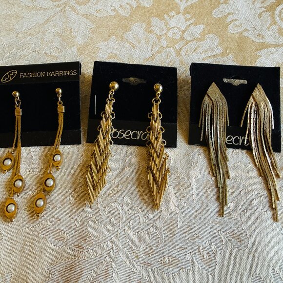 Vintage Jewelry - 3 Pairs of 1980s Gold 3" Dangle Earrings Never Worn